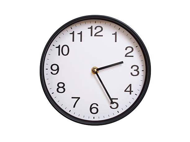 Round wall clock showing 02:25 or 14:25 isolated on white background. Concept of time, punctuality, deadline, or beginning of a new day.