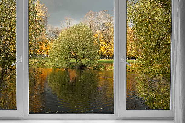 istock Window frame, view from the window  on yellow trees, landscape with autumn forest. 2243936298