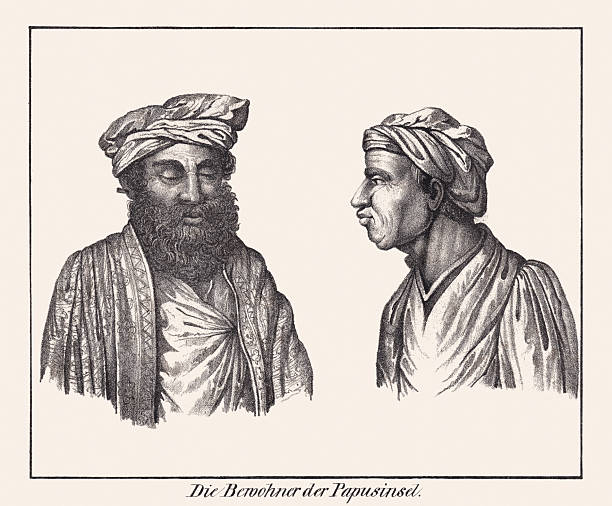 Indigenous people of Papua New Guinea in the past. Lithograph, published ca. 1830.