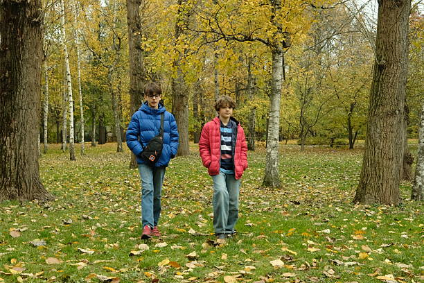 Two brothers walking in the park in autumn, leisure time activity outside home, clean air in nature, spending time in open air. autumn leaves on the ground, autumn colors, brotherhood, friendship