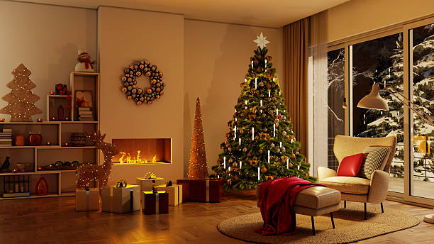 istock Christmas tree Large luxury modern bright interiors Living room mockup illustration 3D rendering image 2243946842