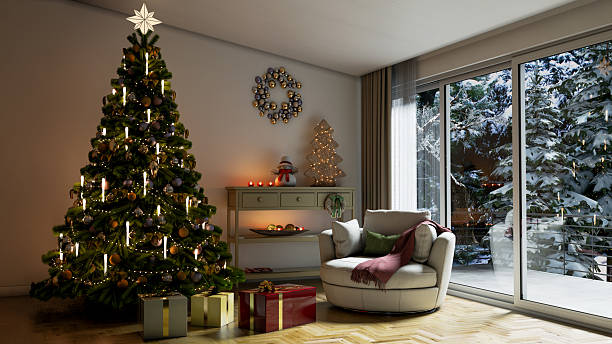 istock Christmas tree Large luxury modern bright interiors Living room mockup illustration 3D rendering image 2243946846