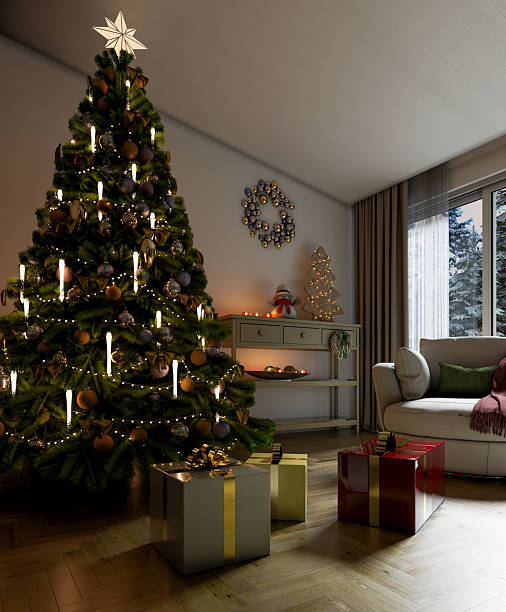 istock Christmas tree Large luxury modern bright interiors Living room mockup illustration 3D rendering image 2243946884