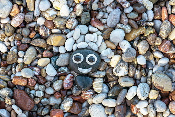 A creative composition of smooth sea pebbles on the beach  a dark stone with eyes and a smile surrounded by colorful pebbles. Nature art symbolizing joy and positivity.