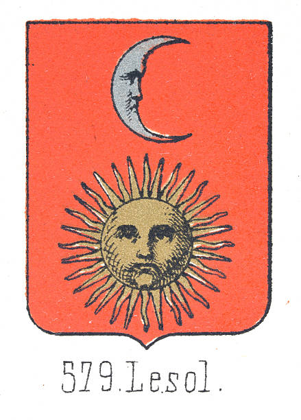 Medieval heraldry, Coat of arms, Shield with, Gold, Sun, face, Silver, crescent, Moon, Spanish, Vintage illustration