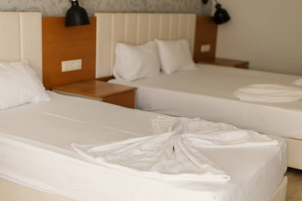 istock This cozy hotel room features two neatly made beds with soft white bedding. The minimalist design includes wooden side tables and stylish lamps, creating a welcoming atmosphere for guests 2243964091