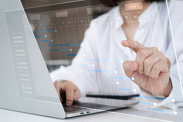 istock Businesswoman using laptop with digital Gantt chart interface for project management, planning, scheduling, workflow optimization, teamwork efficiency, and corporate productivity improvement. 2243967026