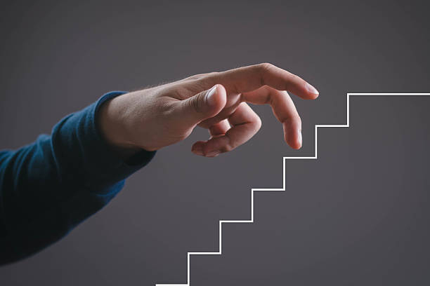 istock Hand mimicking walking up on graphic staircase, symbolizing progress, growth, development or success in career and business. Ideal for concept of personal improvement or goal achievement. 2243967315
