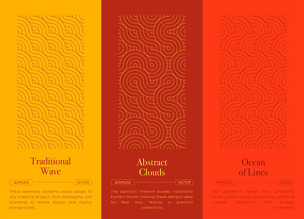 Oriental seamless wave pattern set in elegant asian geometric style. Abstract line clouds and circular ornament backgrounds for luxury festive design and japanese decoration.