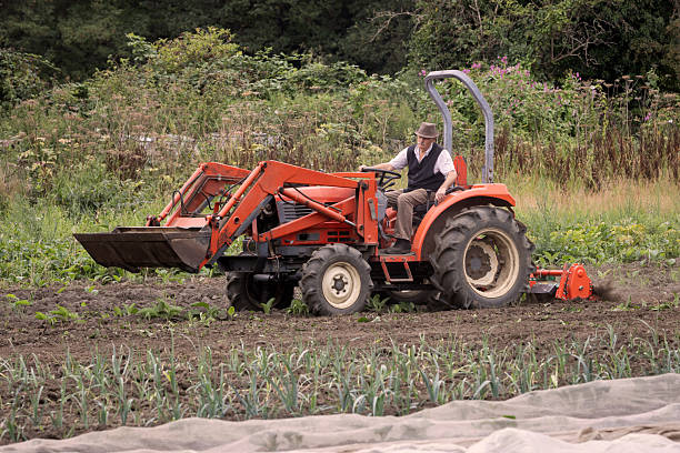 Senior male farmer on tractor harrowing a field