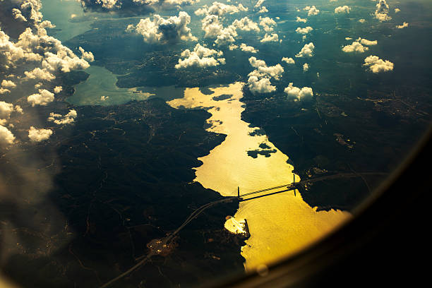 Aerial view on the Bosphorus Strait in Istanbul, Turkey, which is a natural waterway that separates the continents of Europe and Asia