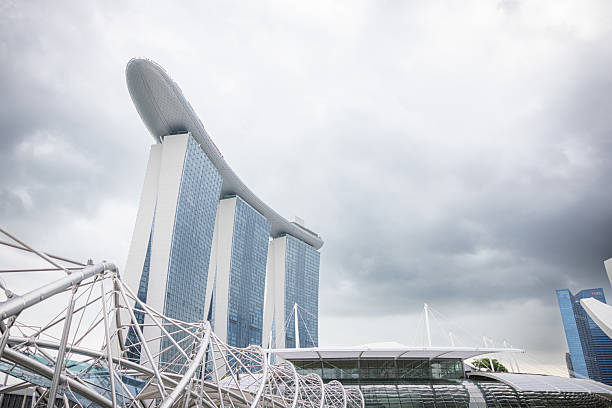 Singapore city, Singapore - february 27, 2020 : Marina Bay Sands hotel is an integrated resort fronting Marina Bay on a background of blue sky during the sunny day, Singapore