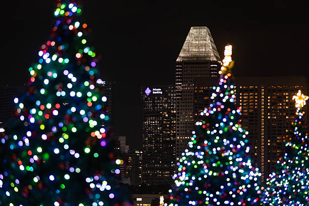 24 December 2024, Marina Bay - Singapore.Christmas trees stand in front of Singapore’s skyline, adding a festive touch to the city view.