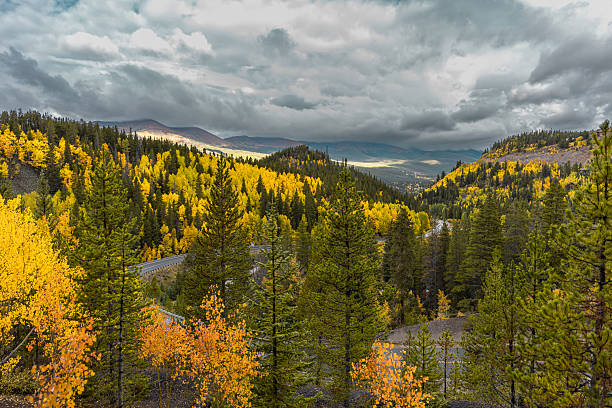 Landscape shot of a section of mountain paved road framed by fall color under a dramatic sky outside of Breckenridge Colorado