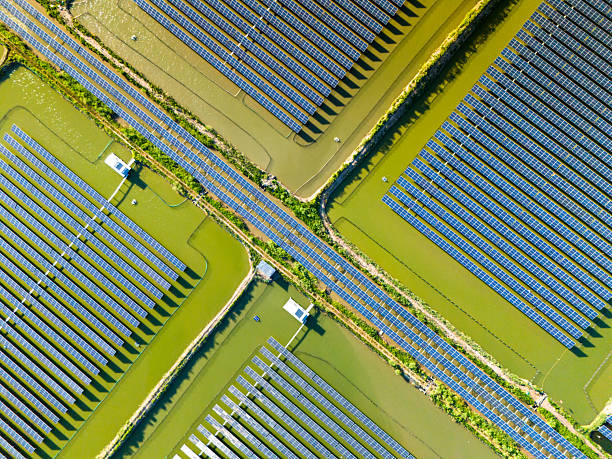 istock Aerial view of solar panels on water 2243987480