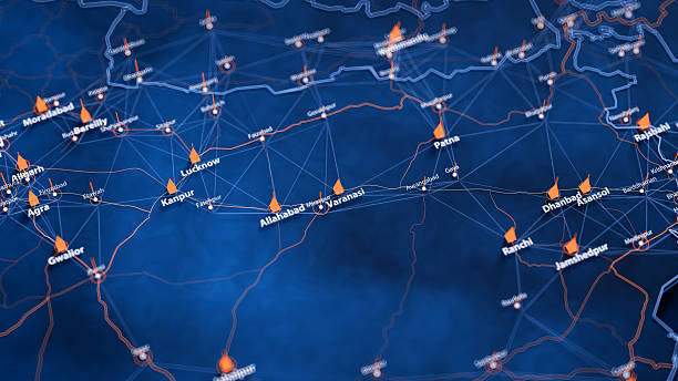 istock Varanasi map big data visualization. Futuristic map infographic of city in India. Visual map data complexity in modern blue and orange colors 2243989439