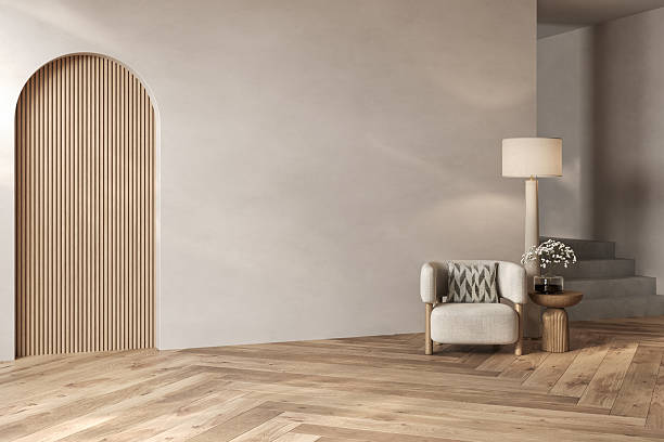 istock Minimal empty room with arched wooden wall, light oak herringbone floor, and soft daylight on beige walls. 3D rendering 2243989826