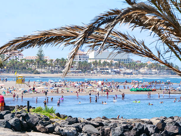 Tenerife, Canary Islands, Spain- July 31 2024: View from the promenade with palm trees along the coast  , at the famous and touristic beach Playa de las Americas. People are swimming and having fun in the water and at the beach on a sunny day in the summer.  Tourist resorts in the background.