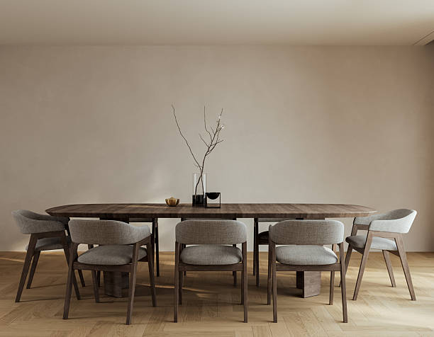 istock Modern dining room with wooden table, neutral upholstered chairs, and minimal decor in a calm, elegant interior. 3D rendering 2243990175