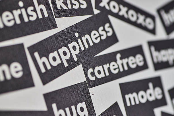 Close-up of a word wall featuring 'Happiness' as the central theme, symbolizing positivity and affection in Fort Wayne, Indiana.