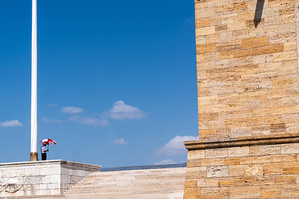 Ankara, Turkiye-august 8, 2025:surveillance staff under the umbrella on the stairs leading to the square in front of Ataturk's mausoleum in Ankara on a sunny day