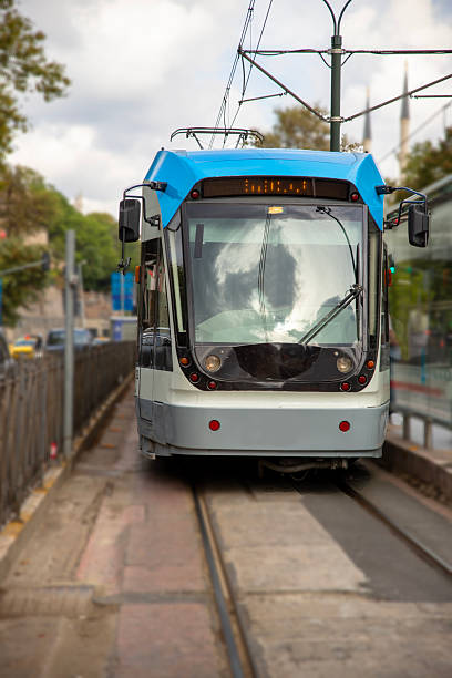 istock Blue tram operating in the city 2244028509