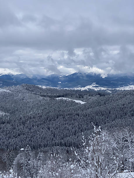 istock Snowy Mountain Landscape Under Cloudy Sky 2244030595