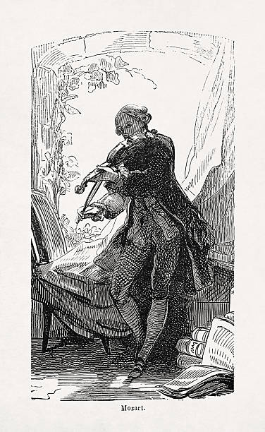 Black and white engraving depicting Mozart playing the violin.