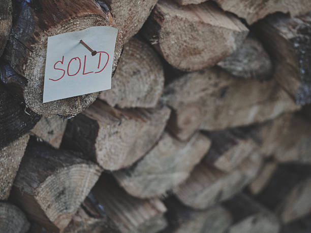 Close-up of firewood log with SOLD tag nailed on, background gradually blurred, warm matte tones, rustic texture, marketing concept, seasonal outdoor scene, natural cozy composition.