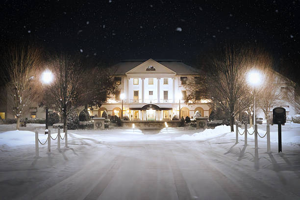 Williamsburg, Virginia, USA - February 19, 2025: A snowstorm at the Williamsburg Inn, a historic resort hotel built by John D. Rockefeller.