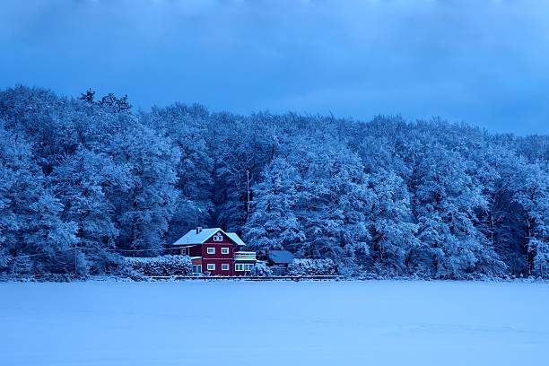 Abandond red wooden cabin with windows covered with plywood in forest with snow on the ground in cloudy winter weather, Kallahdenniemi, Helsinki, Finland.