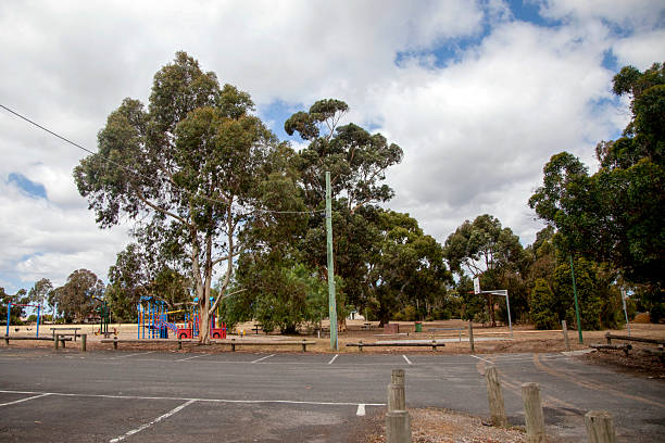 istock Open park area with trees and playground equipment visible 2244071426