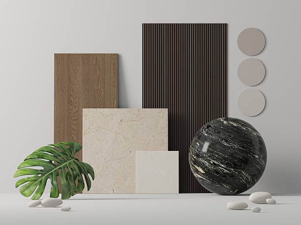 A modern front view lay composition showcasing a curated selection of Japandi-style, Scandinavia and luxury materials and textures. The arrangement includes light pine wood samples, natural stone, marble, and warm wood paneling pieces, complemented by minimal decor elements. All items are displayed from a front view on a white wall and floor, reflecting the calm, natural, and balanced aesthetic typical of Japandi or luxury interior design. Perfect for illustrating modern interior concepts, material inspiration, or moodboard presentations.