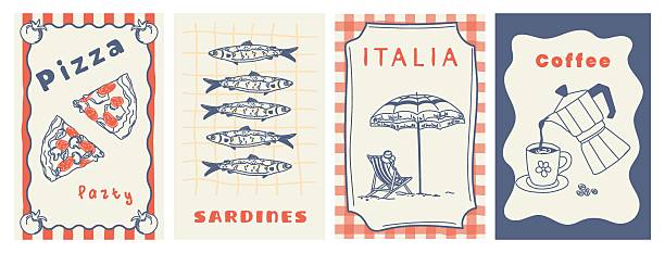 A collection of hand-drawn Italian summer posters. Amalfi. Minimalist line art for posters, billboards, prints, kitchen decor, and cafe menus. Vector illustration