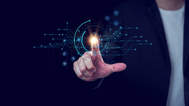 istock Businessman scan fingerprint biometric identity and approval. Secure access granted by valid fingerprint scan. 2244078306