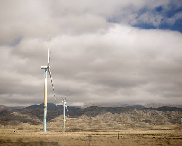 Colorful wind turbines on the Gobi Desert