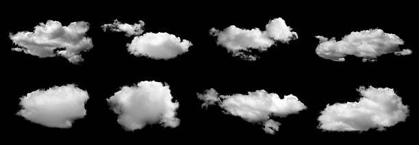 istock Set of realistic white clouds isolated on black background, fluffy and soft texture for sky, weather, or dreamy atmosphere design in creative visual projects. 2244086242