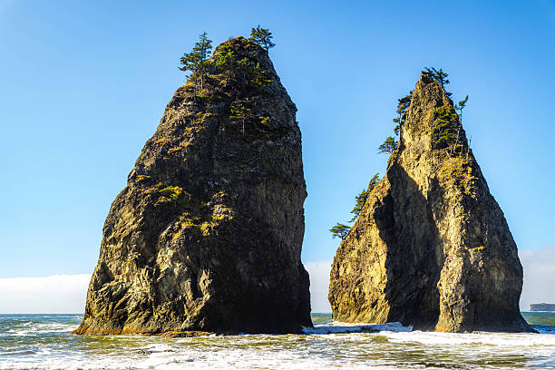 Famous Hole-in-the-Wall rock formation, an iconic arch sculpted by waves on the Pacific Ocean shore in Olympic National Park, Washington.