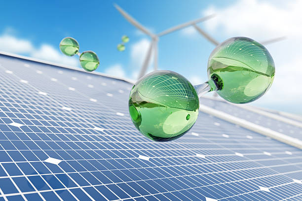 Green hydrogen molecule floating above solar panels a concept of clean renewable fuel and sustainable technology for decarbonization