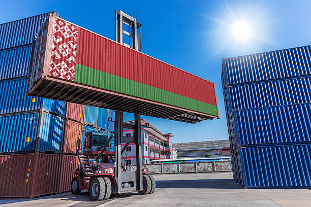 istock Products shipping cargo goods with Belarus flag for import export business from Belarus country 2244091984