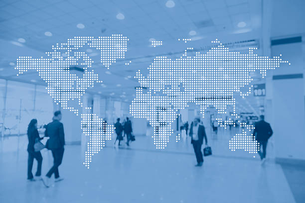World map with convention center hall corridor background, World conference, International business world wide meeting summit backdrop