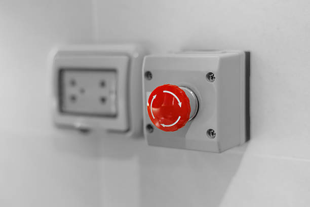 istock red emergency stop button, stop breaker pressing switch, urgent calling for help, stop loss concept. 2244092136