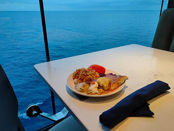istock Dining Room Buffet aboard the abstract luxury cruise ship. Healthy breakfast at modern liner concept 2244096722