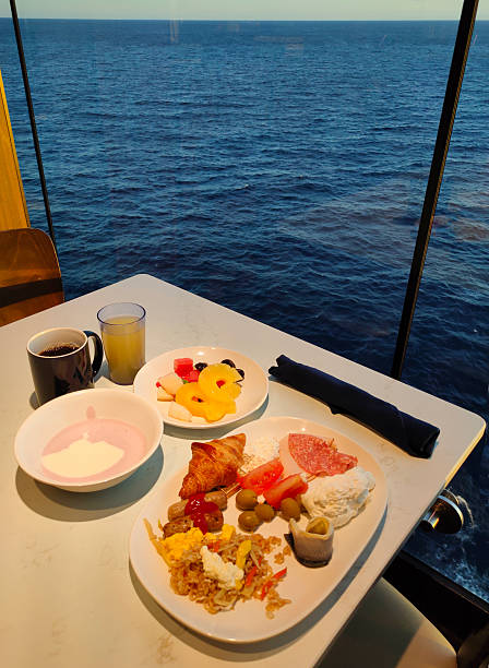 istock Dining Room Buffet aboard the abstract luxury cruise ship. Healthy breakfast at modern liner concept 2244096724