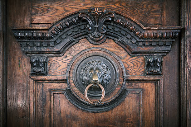 Wood craft work, old decorated table close-up view, antiquities.