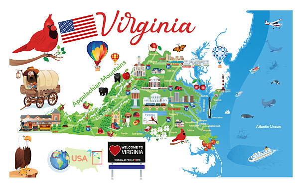 illustrazioni stock, clip art, cartoni animati e icone di tendenza di mappa di viaggio della virginia con natura e punti di riferimento - blacksburg