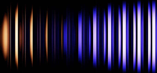 istock Neon ribbed fractal glass texture on black 3d background. Abstract vertical stripe pattern with glowing gold blue violet gradient. Sound wave pulse music light effect, night party bg 2244099456