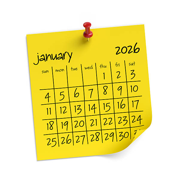 istock Yellow Post It Calendar Showing January 2026 Pinned to White Wall 2244101167
