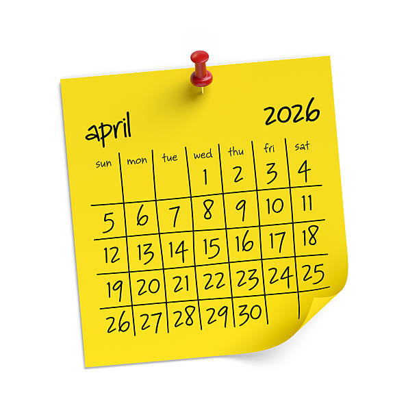 istock Yellow Post It Calendar Showing April 2026 Pinned to White Wall 2244101169
