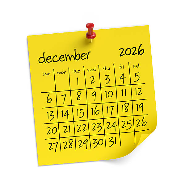 istock Yellow Post It Calendar Showing December 2026 Pinned to White Wall 2244101173